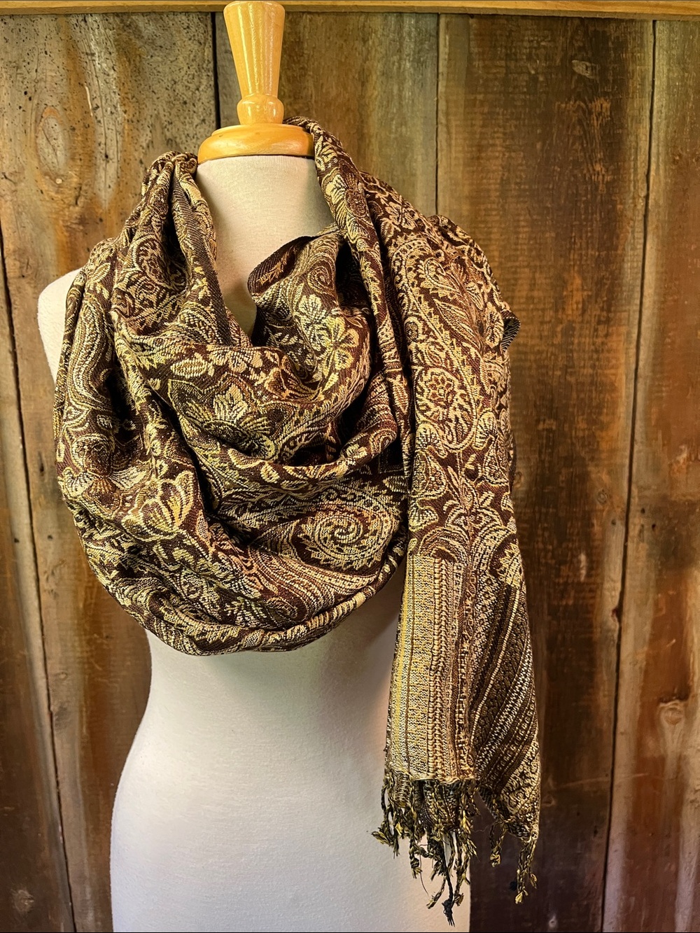 NWT Viscose Jamawar Shawl, Fall Scarf W/ Brown &Cream Paisley Print All Over